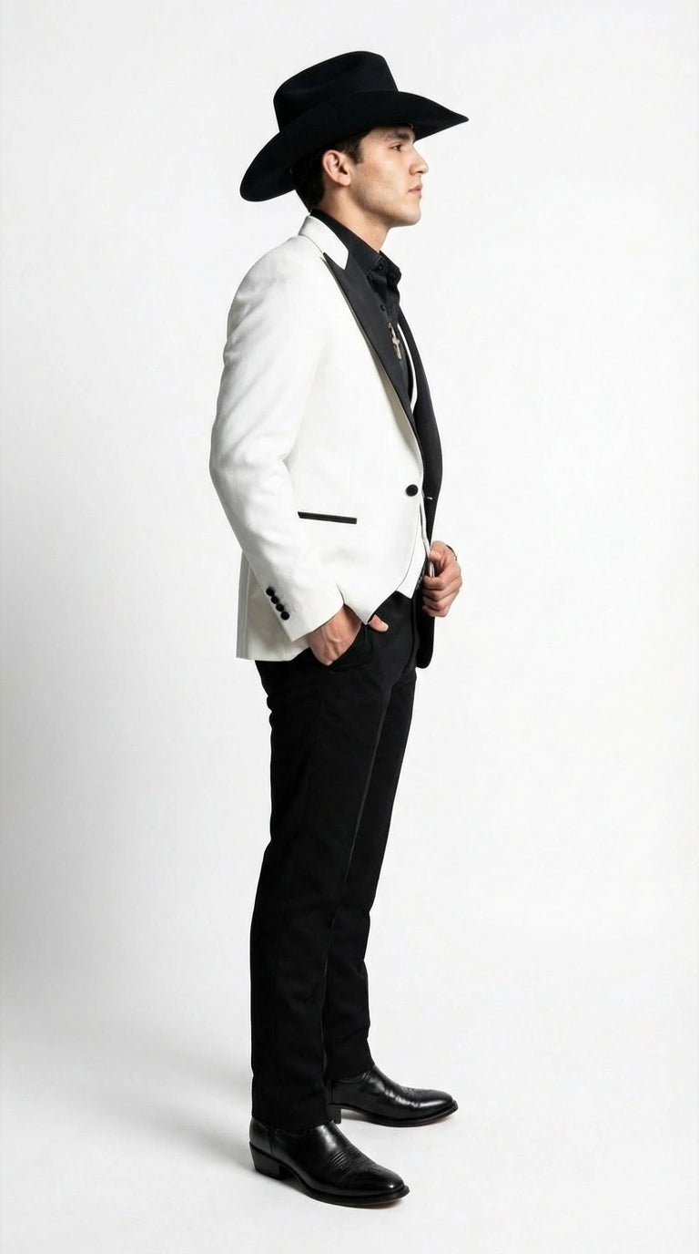 Men’s White Cowboy Tuxedo with Black Satin Lapel – Western Formal Suit with Matching Vest White / 38 Regular Jacket+32 Waist Adjustable 28to34)(Height