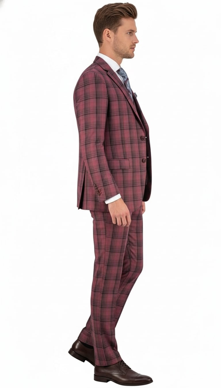 Red Burgundy Plaid 3-Piece Suit for Men