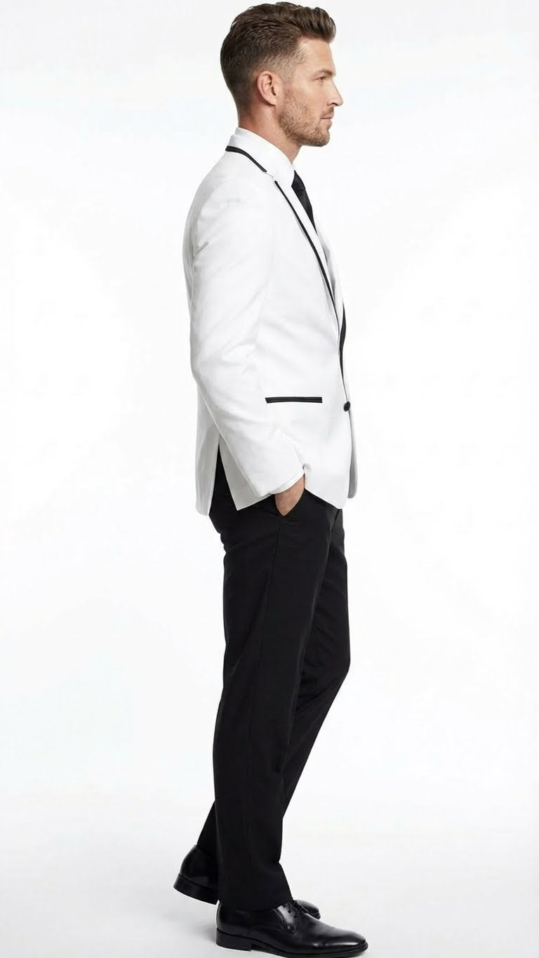 Men’s White Blazer with Black Trim | Wedding and Party Formal Blazer Jacket - White Tuxedo Prom Jacket