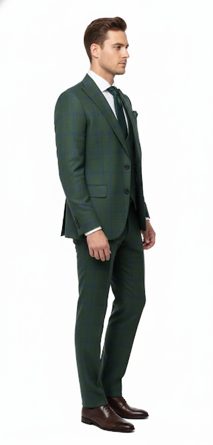 Men’s Green Plaid Classic Slim 3-Piece Suit