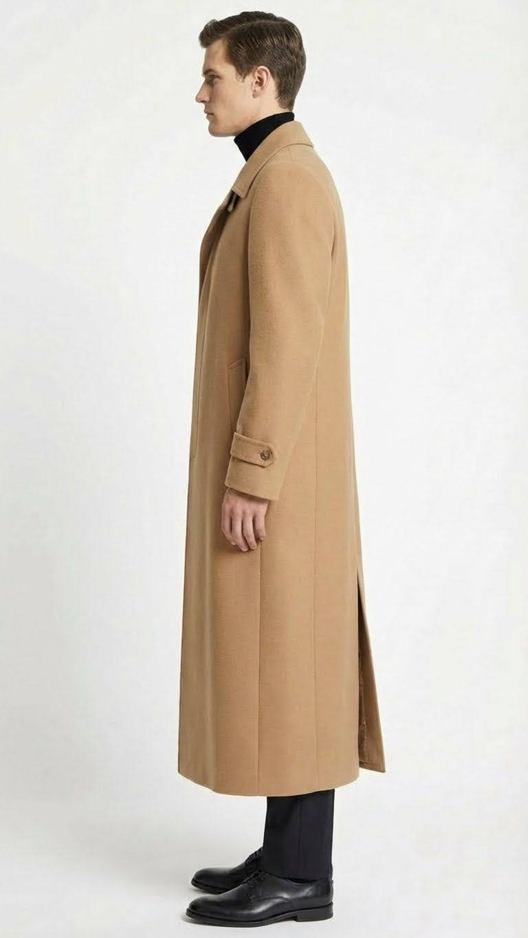 Men’s Full-Length Camel Overcoat – Classic Long Microfiber-Blend Coat for Winter and Formal Wear Maxi Duster Coat