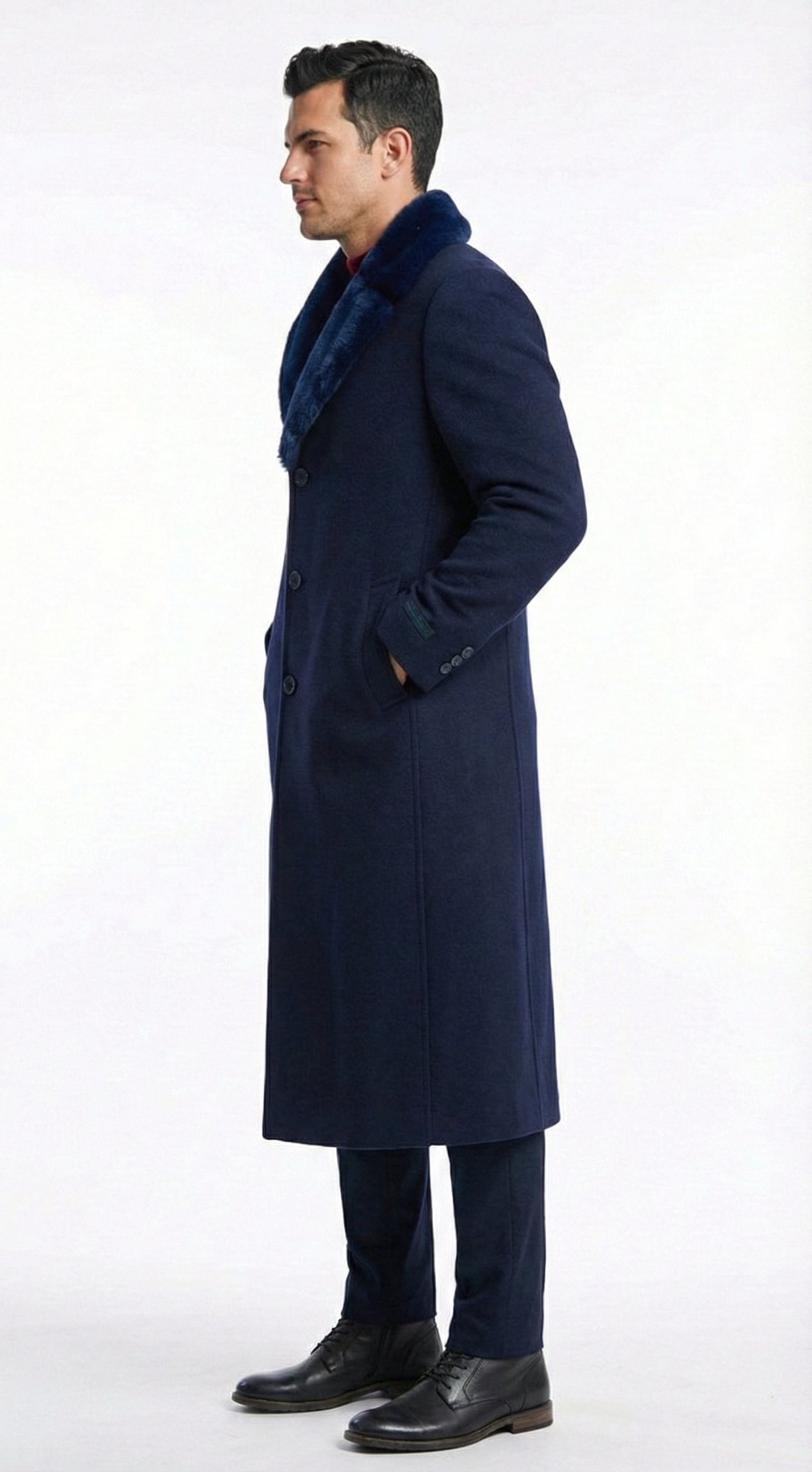 Men’s Dark Navy Blue Long Overcoat with Faux Fur Collar, Classic Winter Dress Coat for Formal