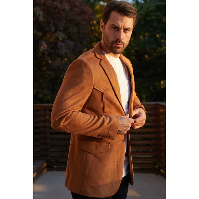 Mens Double Button Faux Suede Blazer- Camel