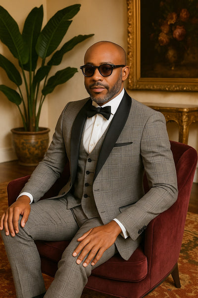 Men's Black and White Plaid Tuxedo – 3 Piece Suit with Black Velvet Shawl Lapel - Gray Glein Tartan Pattern Wedding Suit