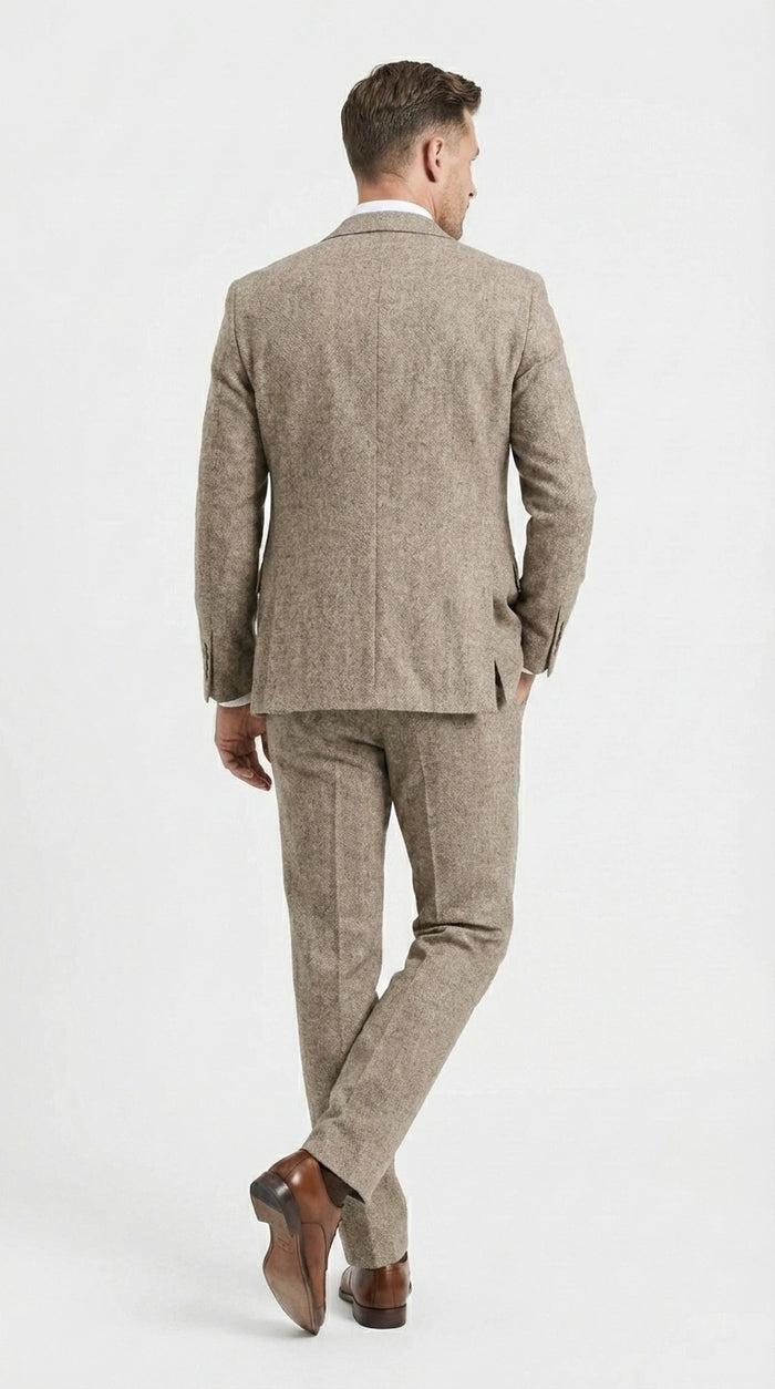 Men’s Light Beige Herringbone Tweed Suit with Vest – Classic Three Piece Formal Suit, Vintage Business Wedding Outfit, Elegant Smart Casual Wear