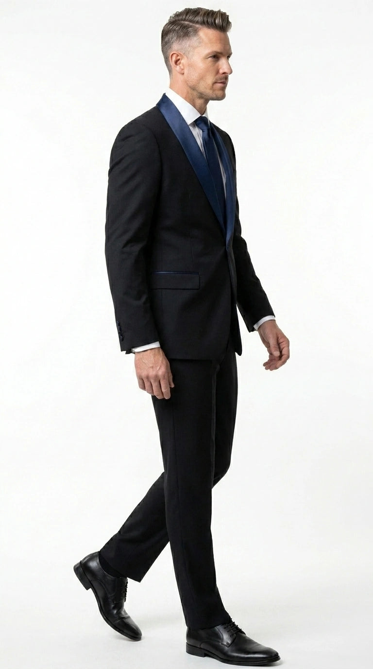 navy blue suit with black dress shirt Mens Black Suit with Navy Blue Lapel Elegant Formal Tuxedo Style Suit for Wedding, Prom, Party and Evening Wear