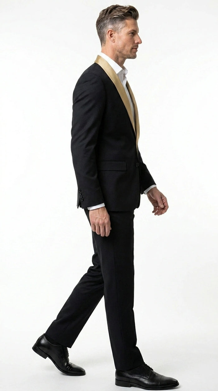 Men’s Black Suit with Gold Lapel – Luxury Formal Tuxedo Style Suit for Wedding, Prom, Party and Evening Wear