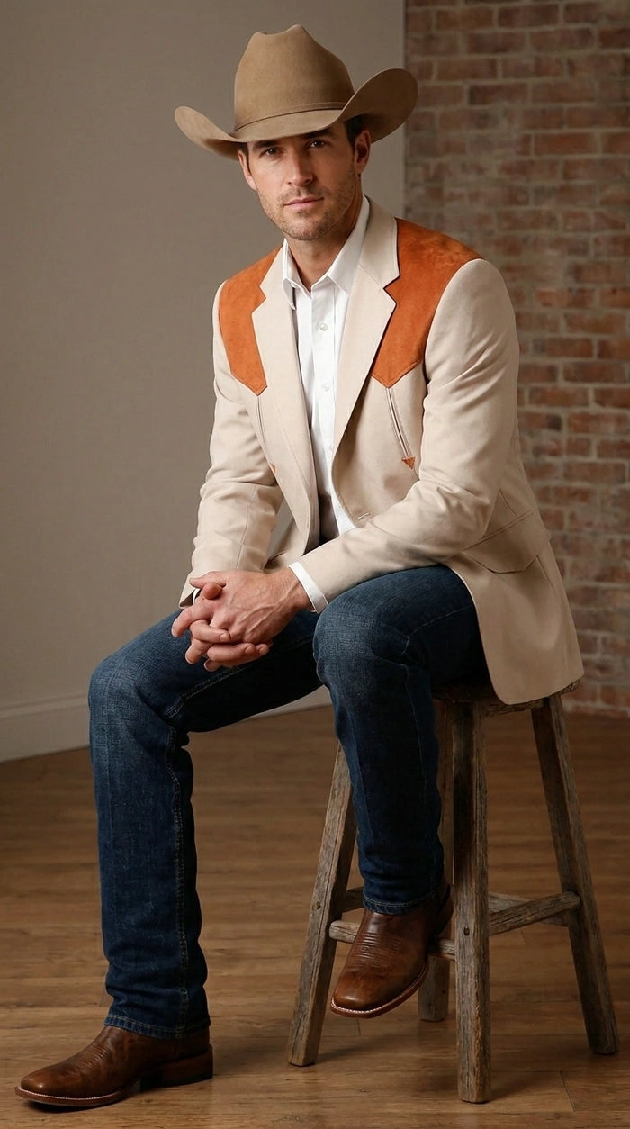 Men’s Tan Beige and Rust Western Cowboy Blazer – Classic Country Style Jacket, Vintage Western Dress Blazer for Men Country Jacket