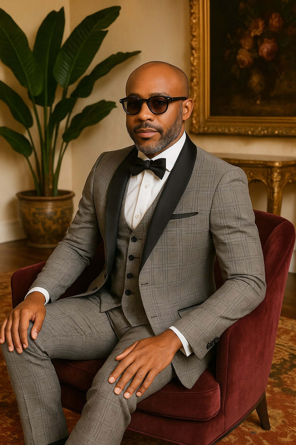 Men's Black and White Plaid Tuxedo – 3 Piece Suit with Black Velvet Shawl Lapel - Gray Glein Tartan Pattern Wedding Suit