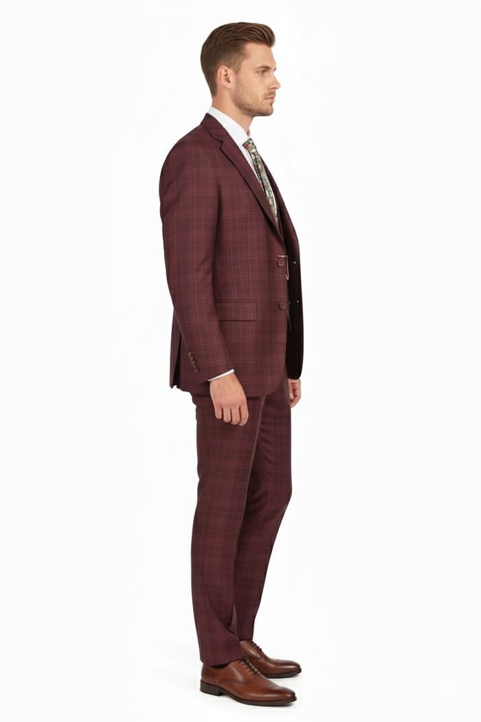 Burgundy Windowpane Classic Fit 3-Piece Suit