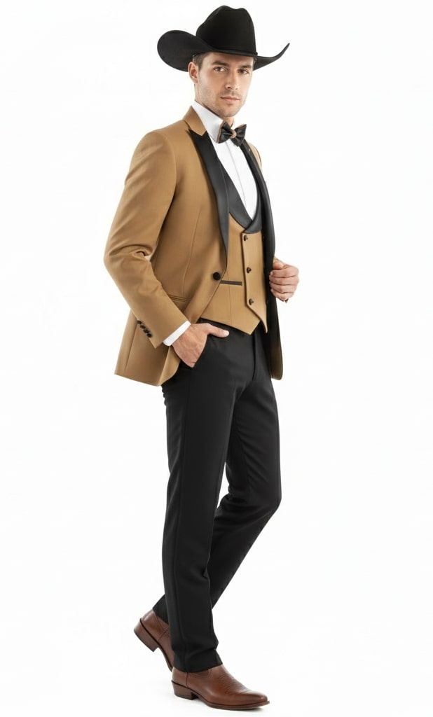 Men's Western Cowboy Tuxedo - 3-Piece Tan & Black Suit