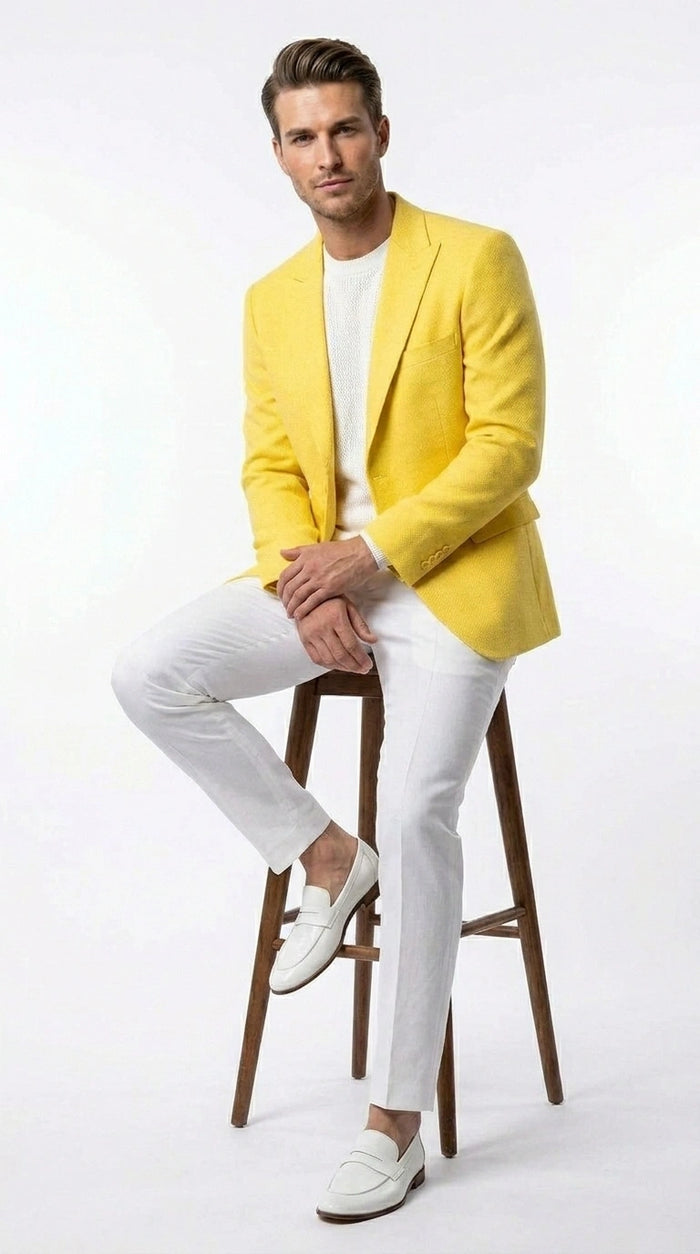 Zacci Brand Men’s Lemon Yellow Blazer Peak Lapel Hopsack Weave – Stylish Formal Blazer Jacket for Wedding, Party, Prom and Smart Casual Wear