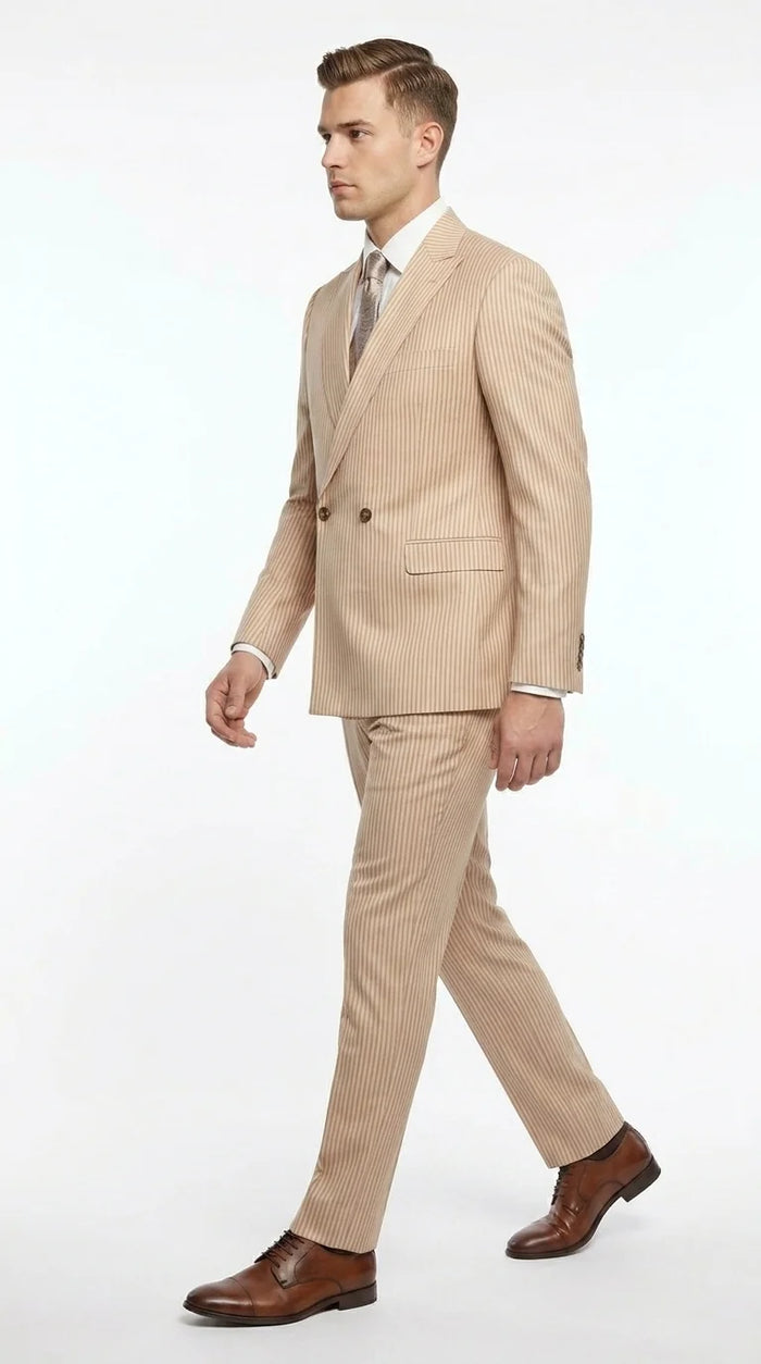 Vitali Men’s Tone on Tone Beige Pinstripe 2 Piece Suit, Double Breasted Summer Dress Suit for Weddings, Tan Beige Shadow Pinstripe