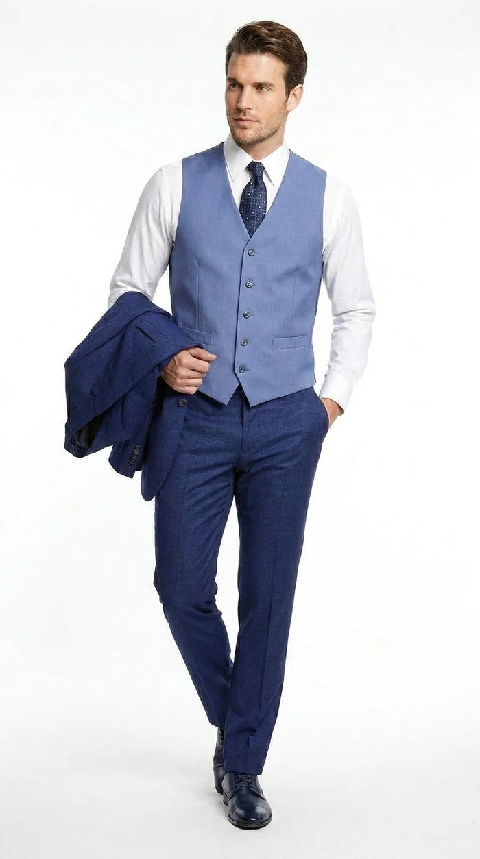 Vitali Men’s Navy Blue 3 Piece Suit with Light Blue Vest, Textured Formal Dress Suit for Weddings, Prom, Business Events, and Parties