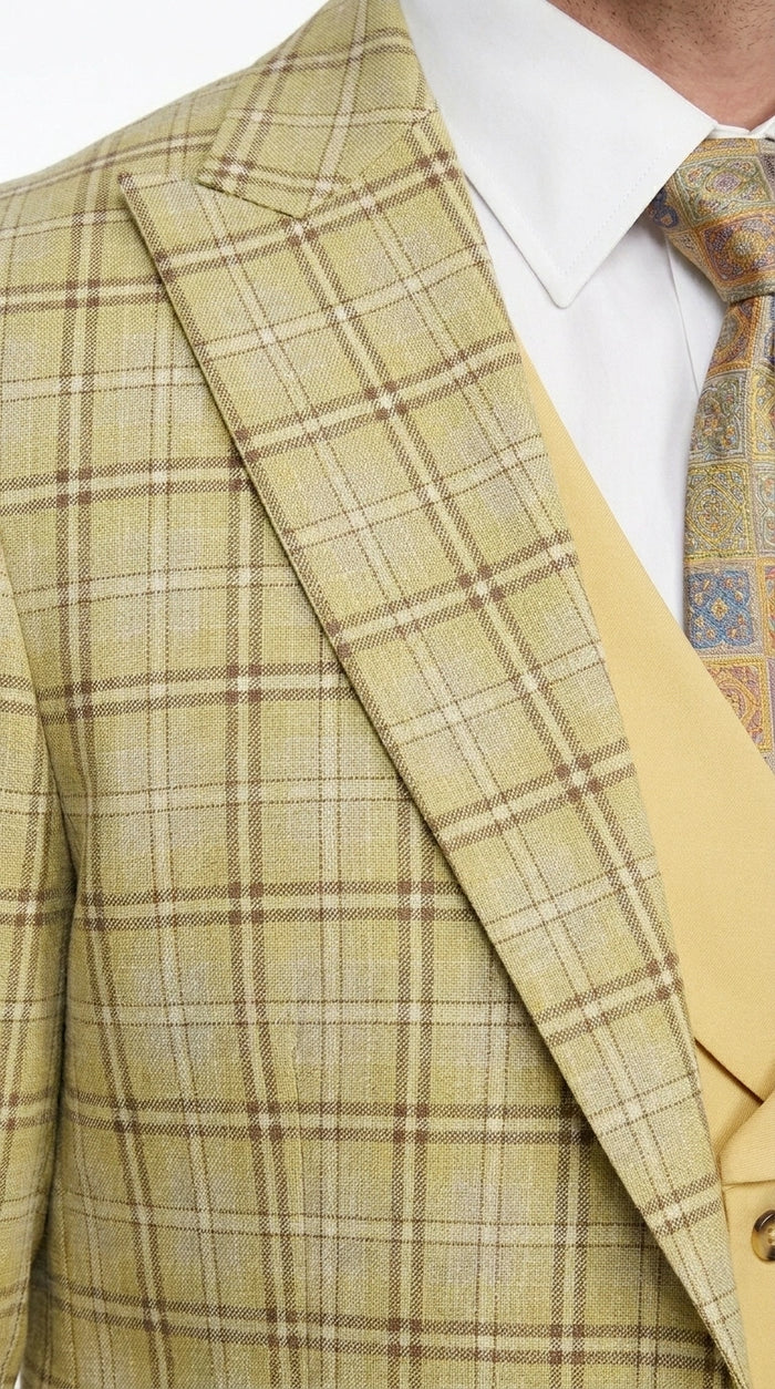 Vitali Men’s Sage Beige Tan Plaid 3 Piece Suit, Check Pattern Formal Dress Suit for Weddings, Prom, Business Events, Modern Fit Light Yellow Color