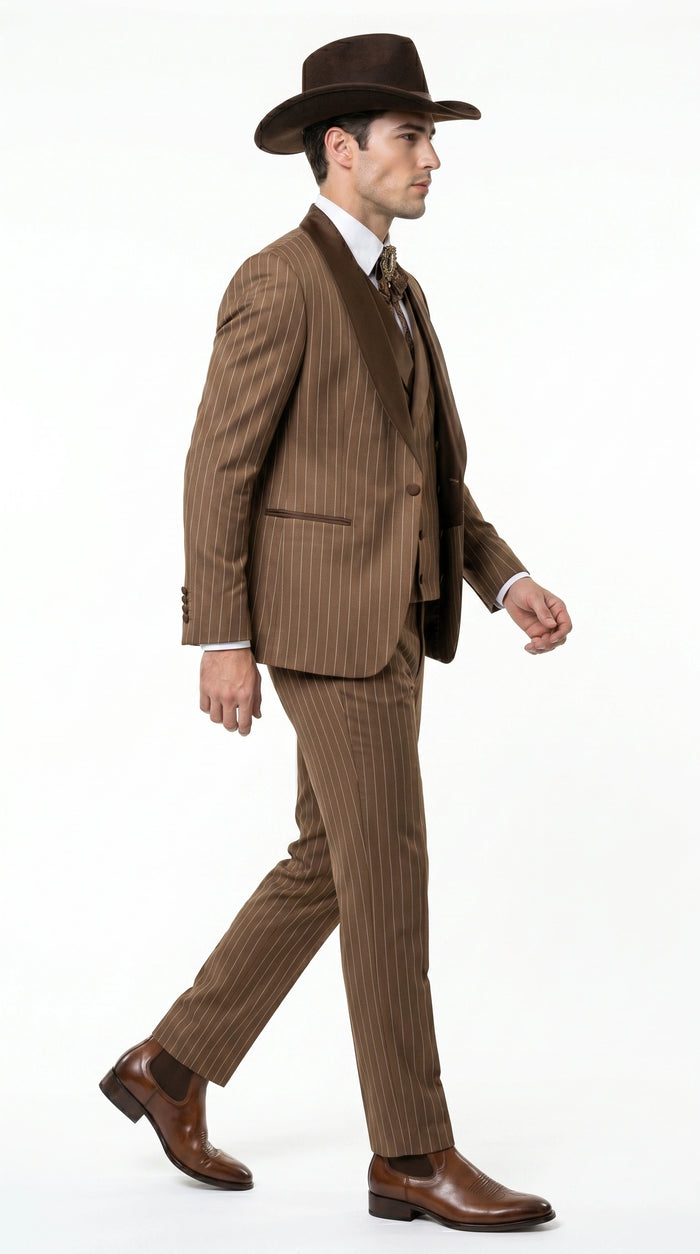 Men’s Brown Pinstripe Western Cowboy Tuxedo, Contrast Shawl Lapel Formal Suit for Weddings, Prom, Parties, and Special Occasions