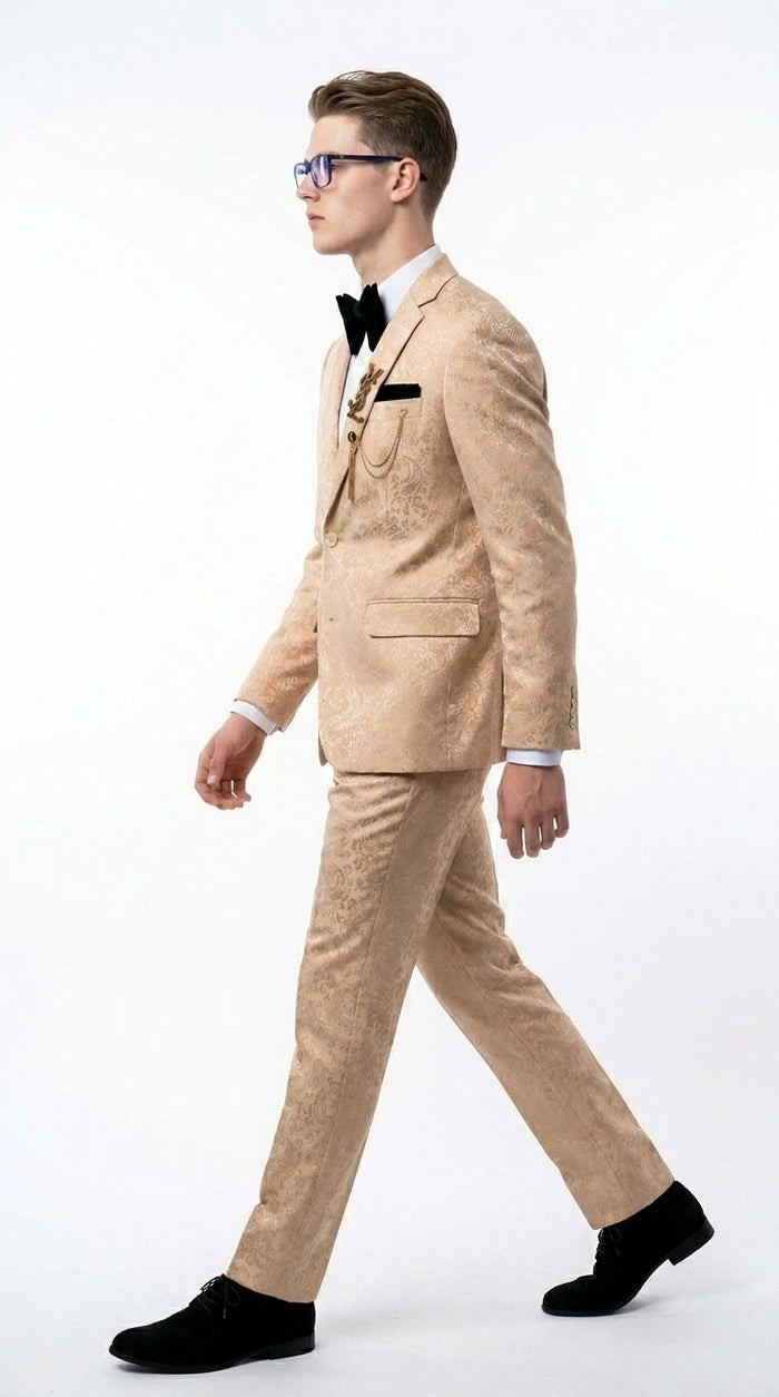 Men’s Champagne Gold Paisley Prom Tuxedo, Formal Dinner Suit for Prom, Weddings, Parties in Tan Color