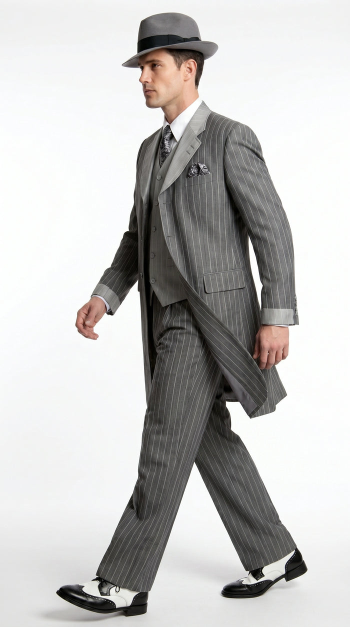 Men’s Grey Pinstripe 1920s Gangster 3 Piece Suit, Contrast Lapel Vintage Formal Suit for Parties, Prom, Weddings, and Theme Events