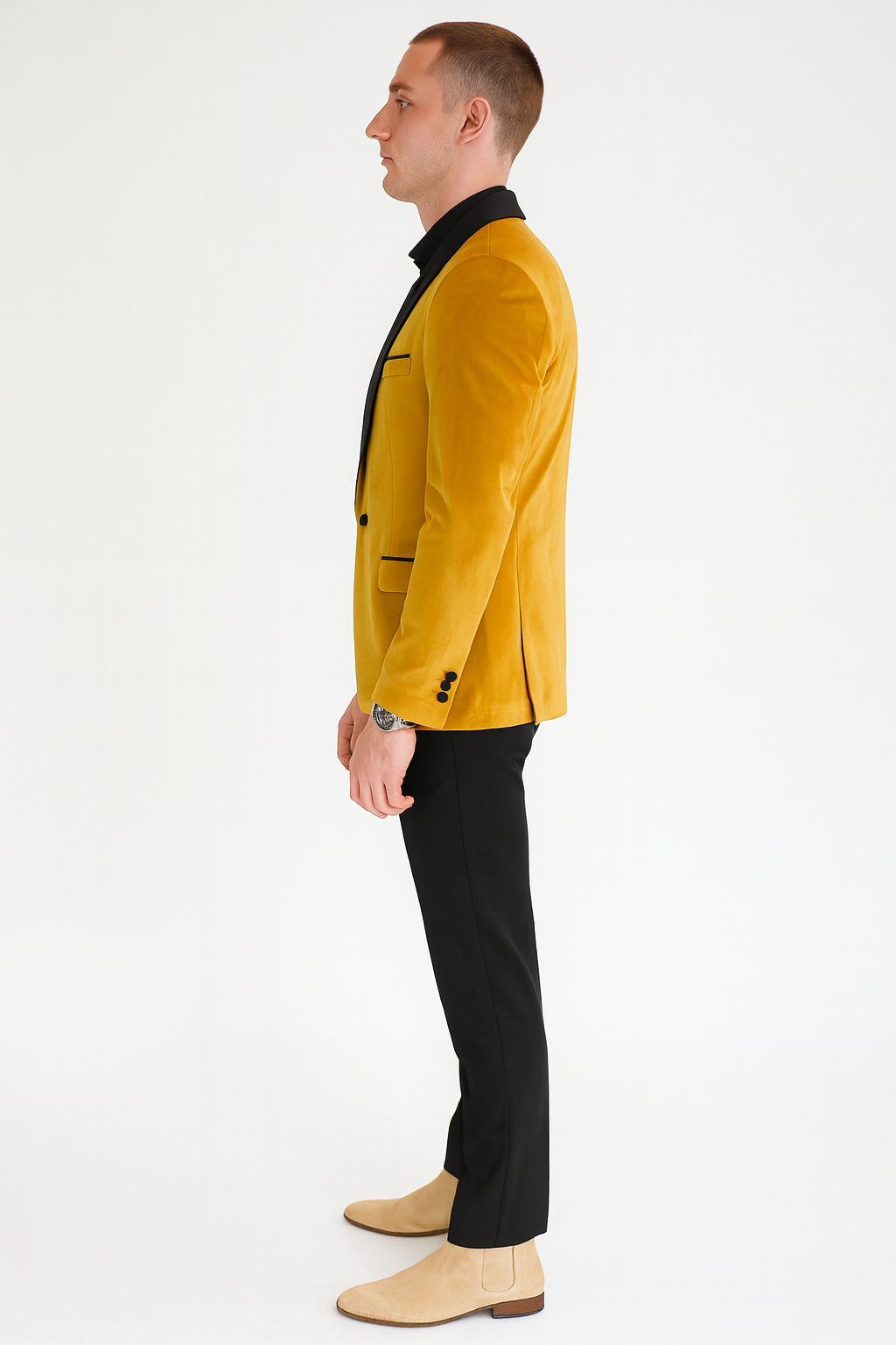 Men’s Mustard Gold Tuxedo Jacket – Slim Fit Dinner Blazer with Black Satin Shawl Lapel + Free Black Pants & Bowtie Gold / 44 Long Jacket+38 Waist