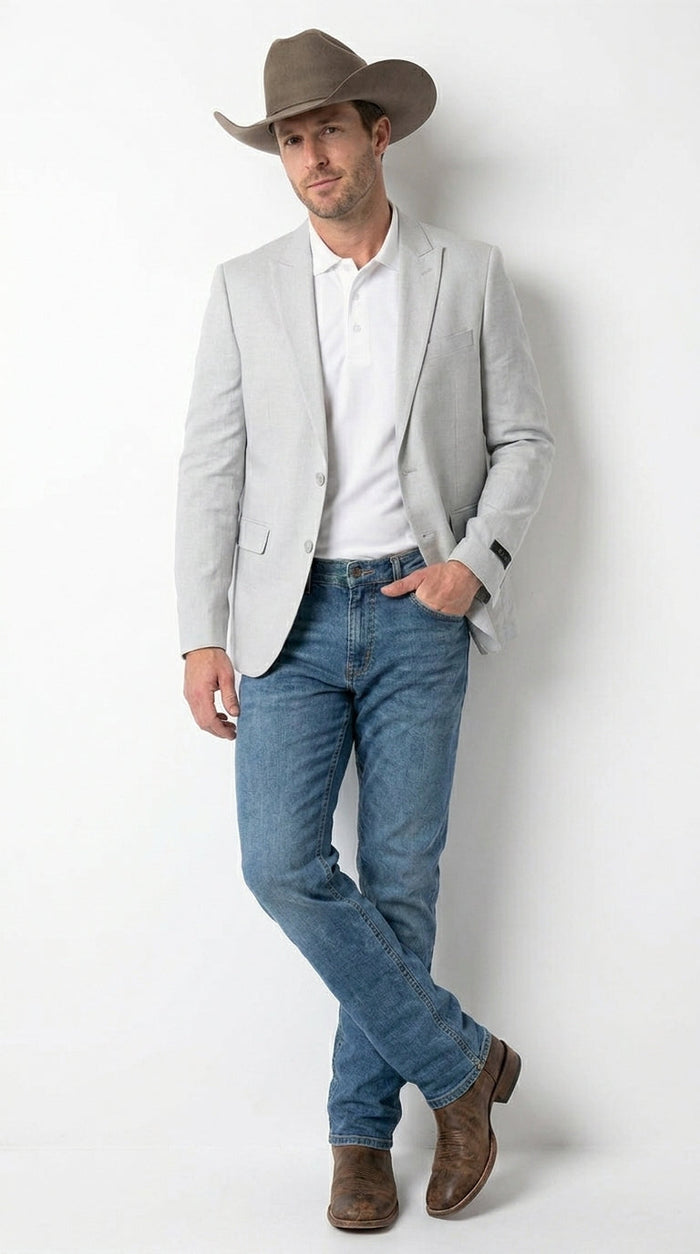 Men’s Very Light Grey - Linen Western Cowboy Blazer, Formal Sport Coat for Weddings, Parties, Country Events, and Casual Dress Wear in Ice Ash Color