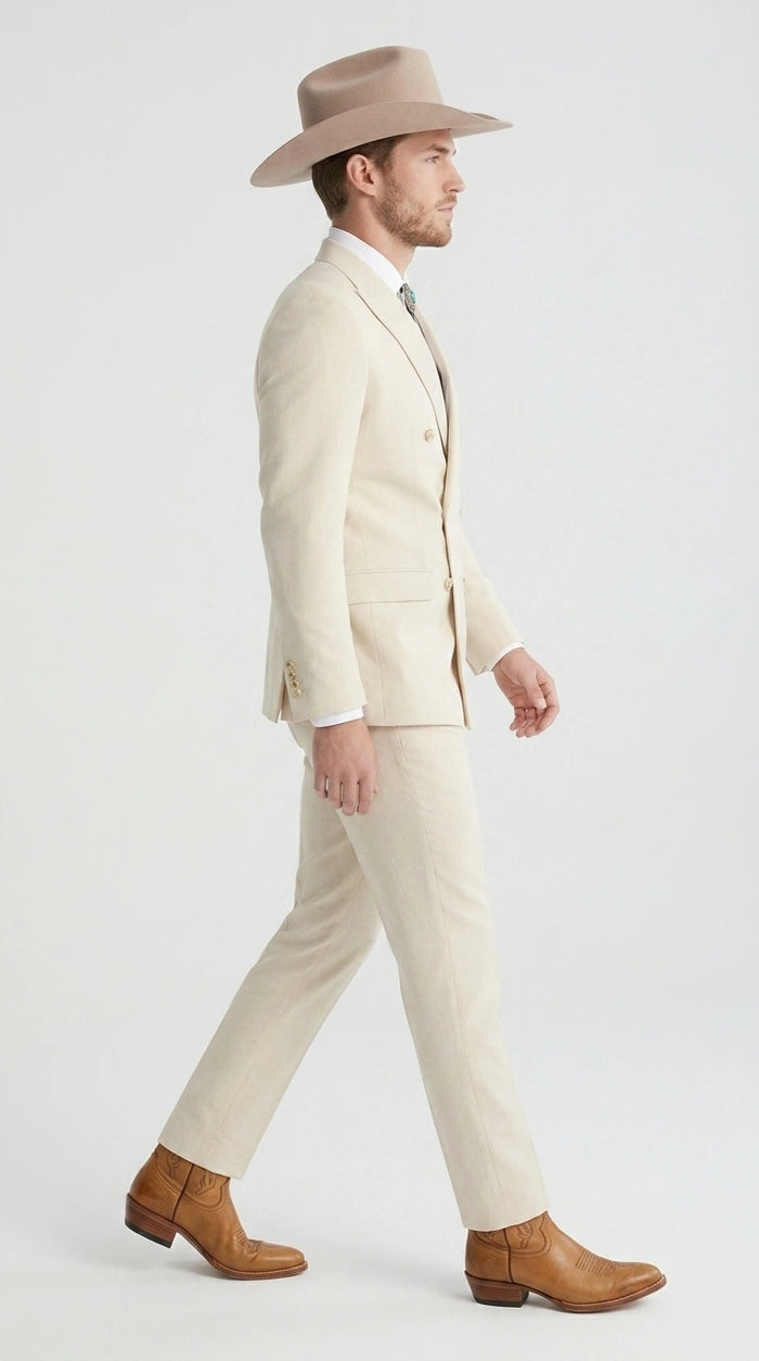 Men’s Tan Linen Cowboy Suit, Double Breasted Western Wedding Formal Western Suit Country style in Beige Tan Color