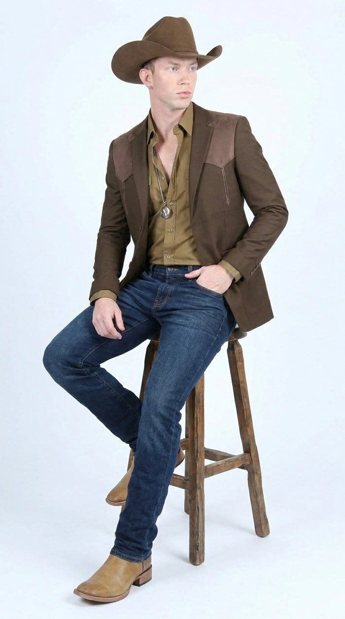 Men’s Dark Brown Western Blazer with Suede Yokes, Cowboy Sport Coat for Ranch Wedding and Country Events