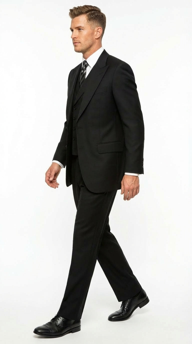Tiglio Mens Black 3 Piece Suit – Single Button Classic Fit Pleated Wid