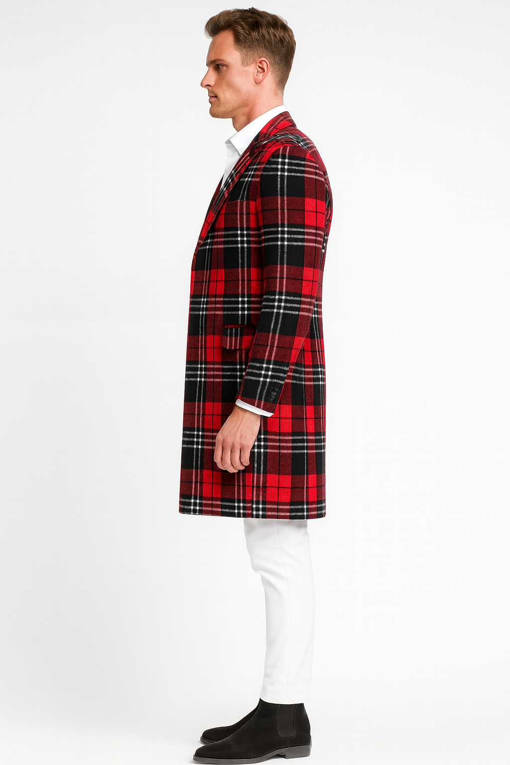 Men’s Red Plaid Wool Overcoat – Classic Tartan Check Long Coat for Stylish Winter Wear