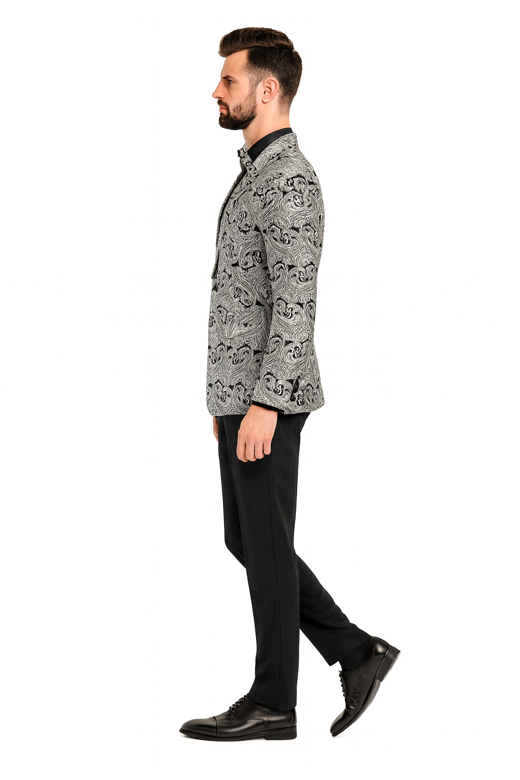 Men’s Black and Silver Paisley Tuxedo Jacket wiith Matching Bow Tie and Black Pants