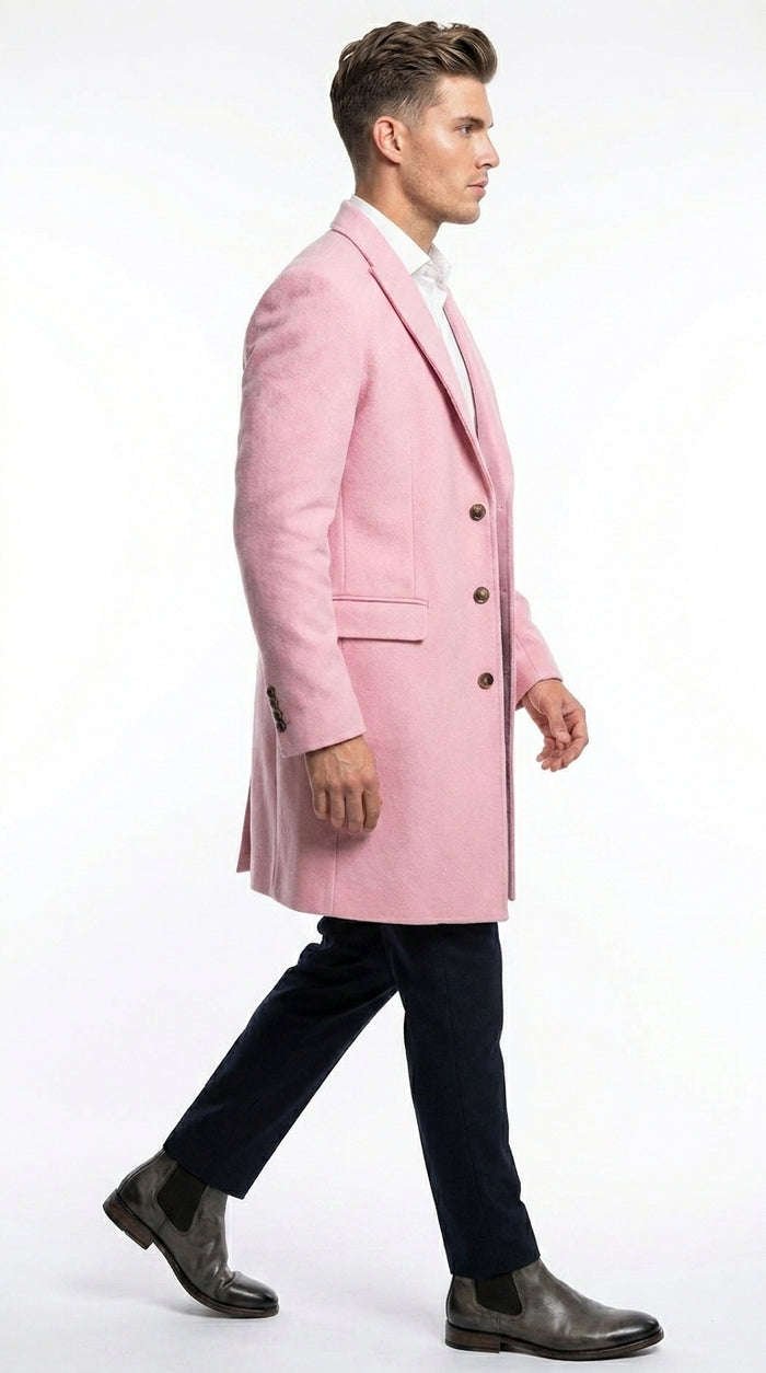 Men’s Light Pink Fashion Overcoat with Notch Lapel, Dress Car Coat for Formal and Casual Wear