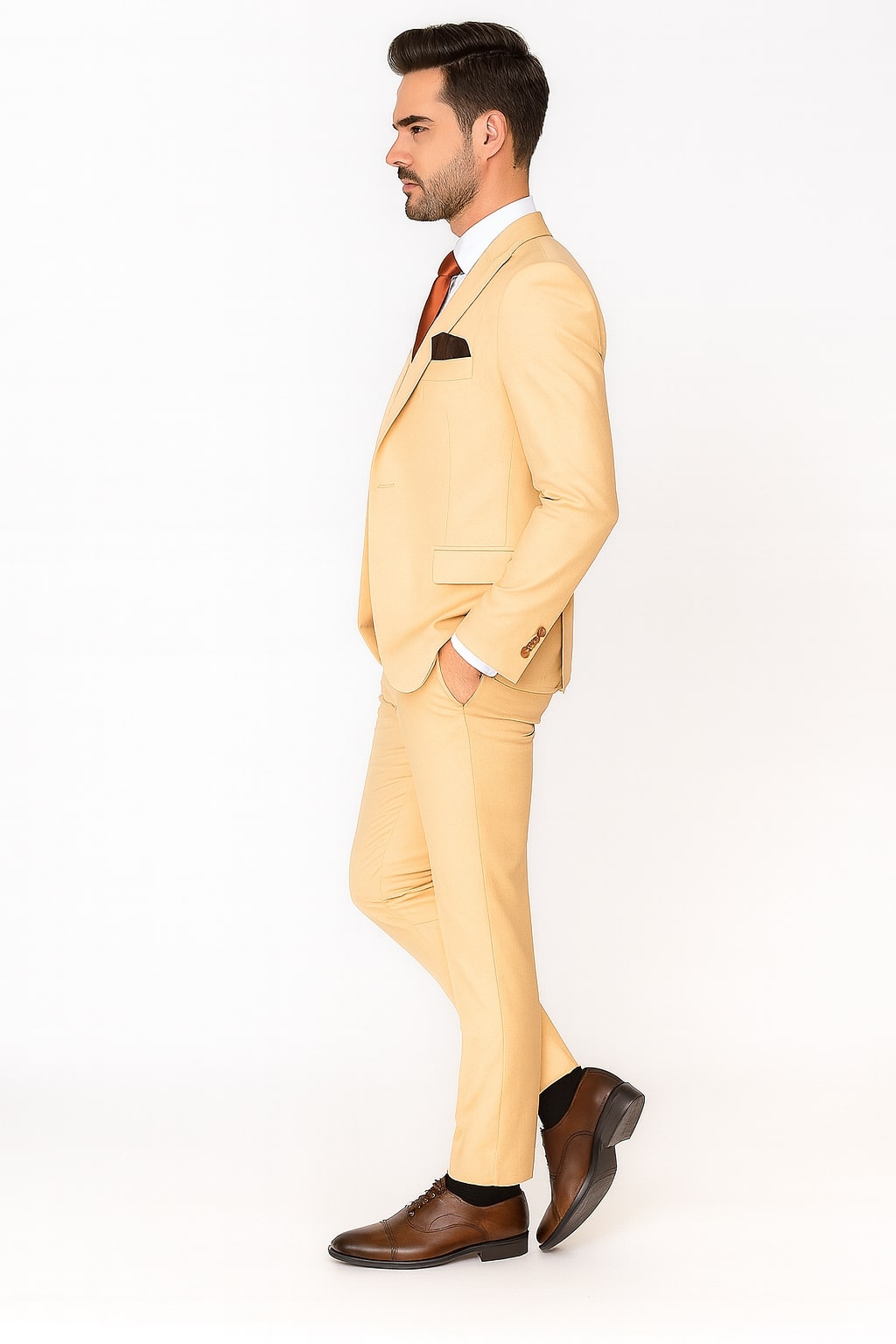 Mens Peach 3-Piece Suit – Double-Breasted Vest, Notch Lapel Blazer, Slim Fit Dress Pants
