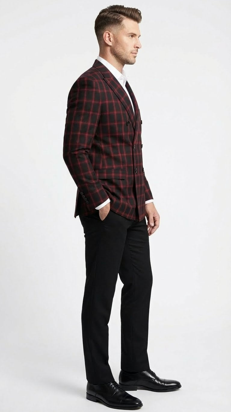 Men’s Black and Red Check Double Breasted Blazer – Sport Coat Jacket Windowpane Sportcoat Slim Fit