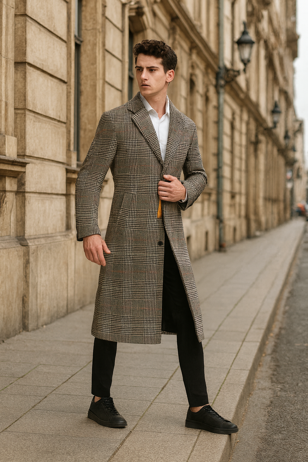 Long Plaid Checkered Wool Blend Overcoat for Men