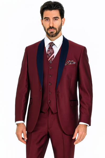 Burgundy and Navy Blue Lapel Vested 3 Piece Tuxedo Suit