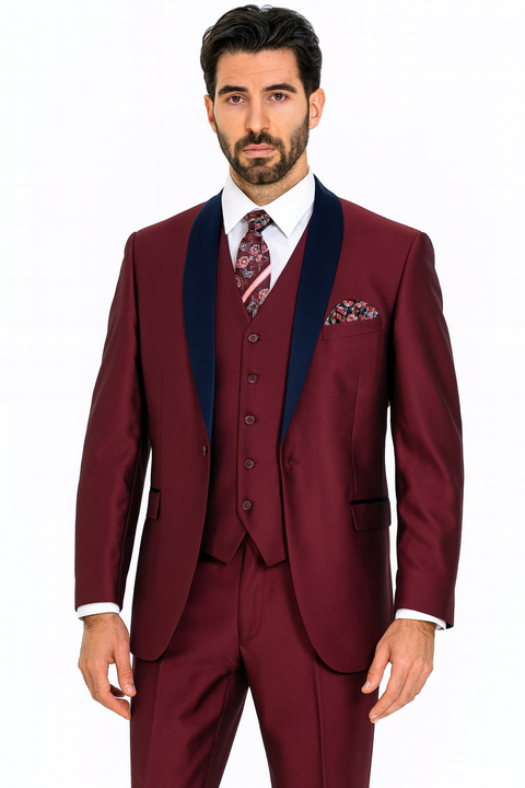 Burgundy and Navy Blue Lapel Vested 3 Piece Tuxedo Suit
