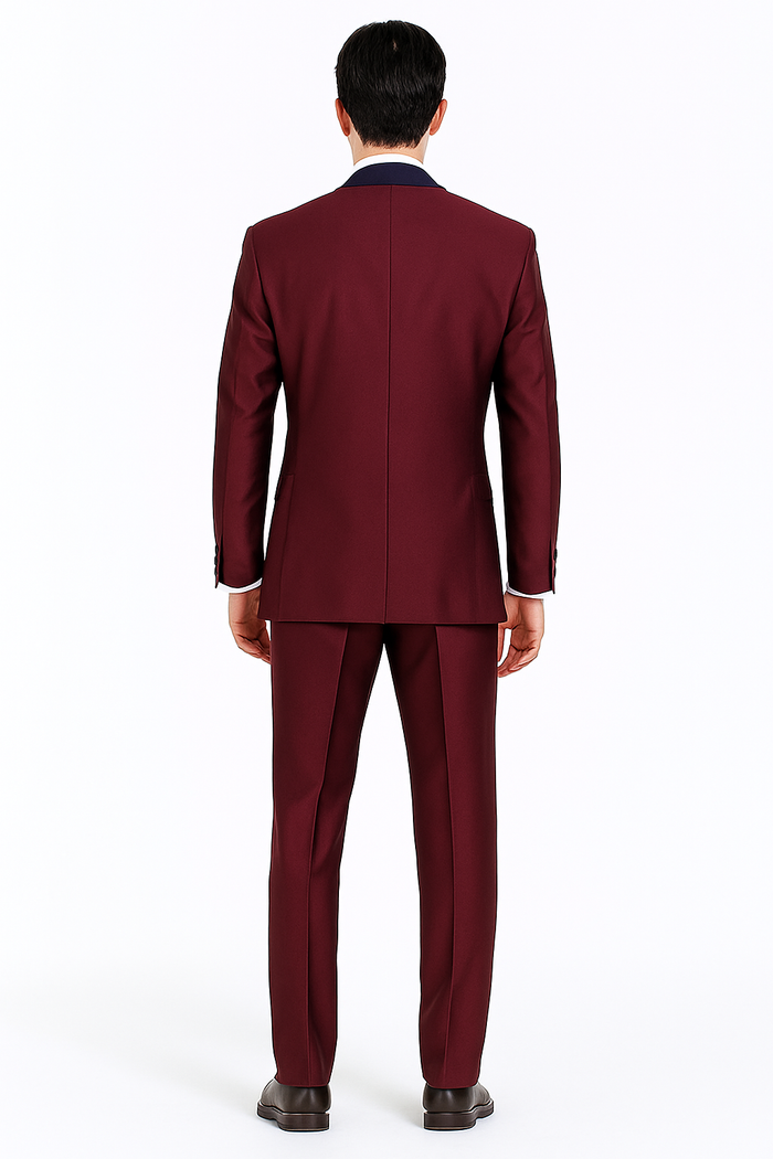Burgundy and Navy Blue Lapel Vested 3 Piece Tuxedo Suit
