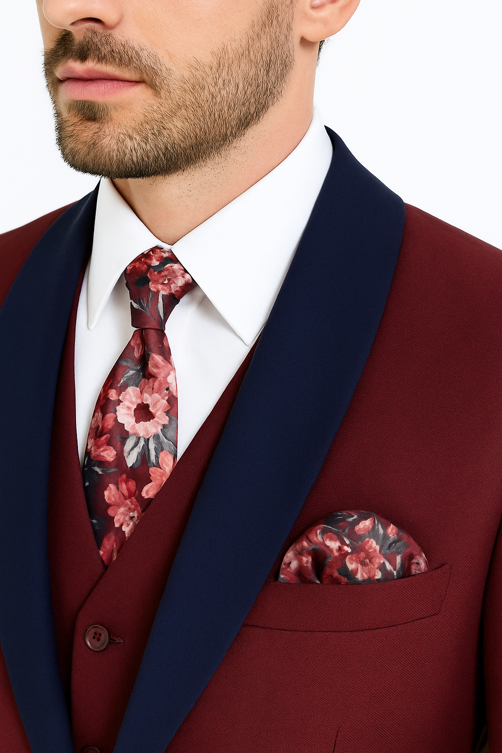 Burgundy and Navy Blue Lapel Vested 3 Piece Tuxedo Suit