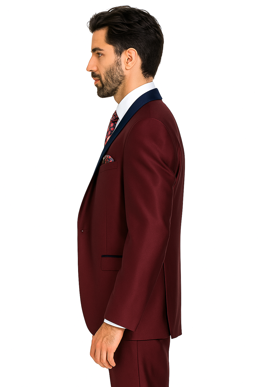 Burgundy and Navy Blue Lapel Vested 3 Piece Tuxedo Suit