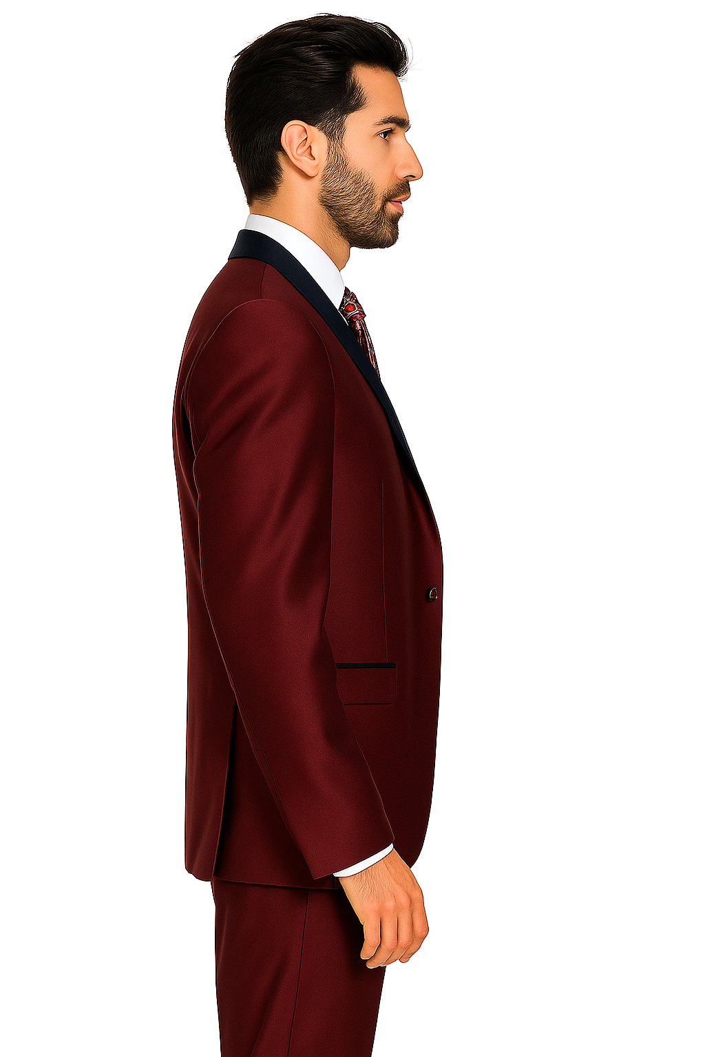 Burgundy and Navy Blue Lapel Vested 3 Piece Tuxedo Suit