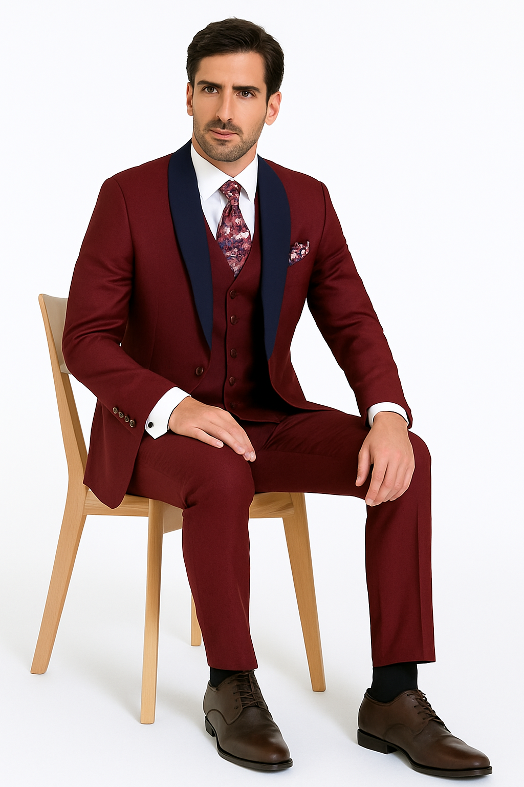 Burgundy and Navy Blue Lapel Vested 3 Piece Tuxedo Suit