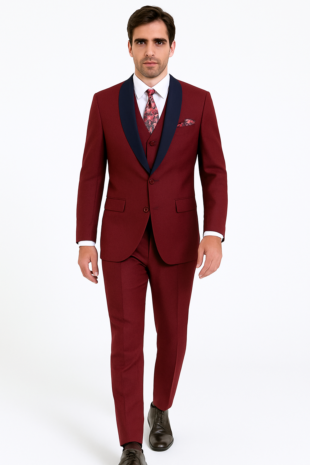 Burgundy and Navy Blue Lapel Vested 3 Piece Tuxedo Suit