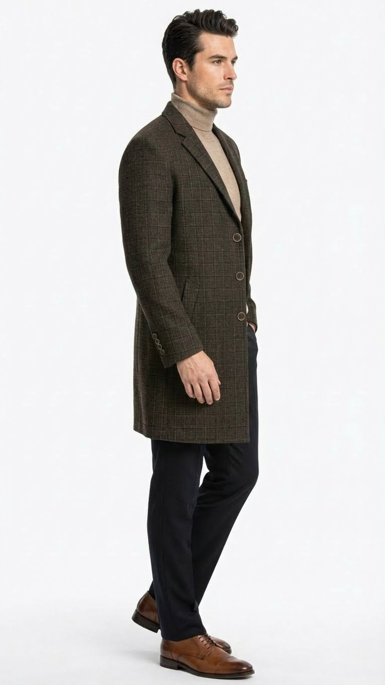 Men’s Brown Checkered Wool Overcoat – Long Winter Coat with Classic Plaid Pattern By Statement