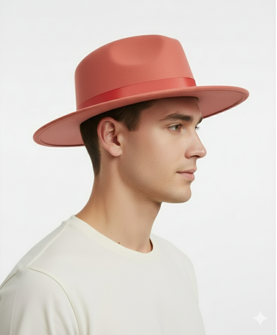 Coral Pink Wool Felt Fedora with Red Ribbon