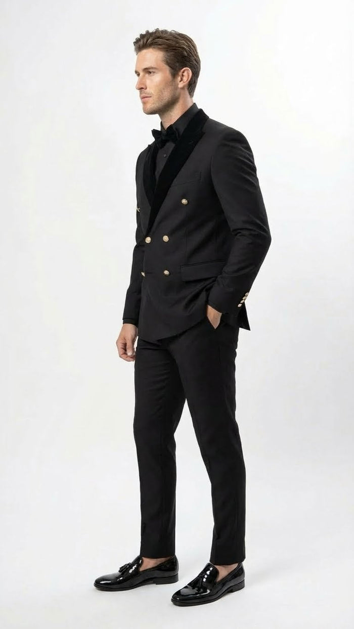 Men’s Black Double Breasted Tuxedo Suit – Luxury Formal Dinner Jacket Gold Buttons Velvet Lapel