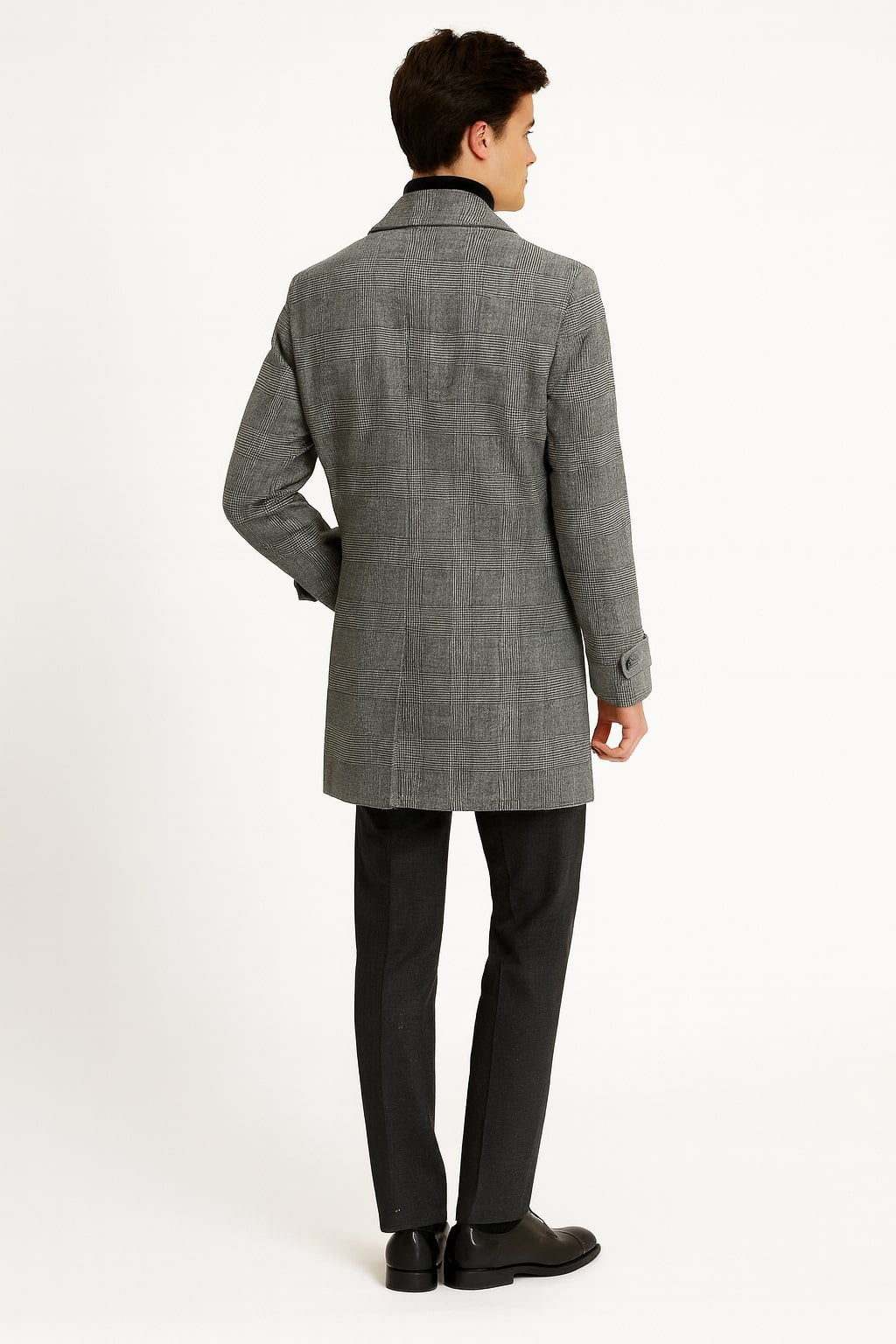 Grey Plaid Double-Breasted Overcoat with Faux Fur Collar