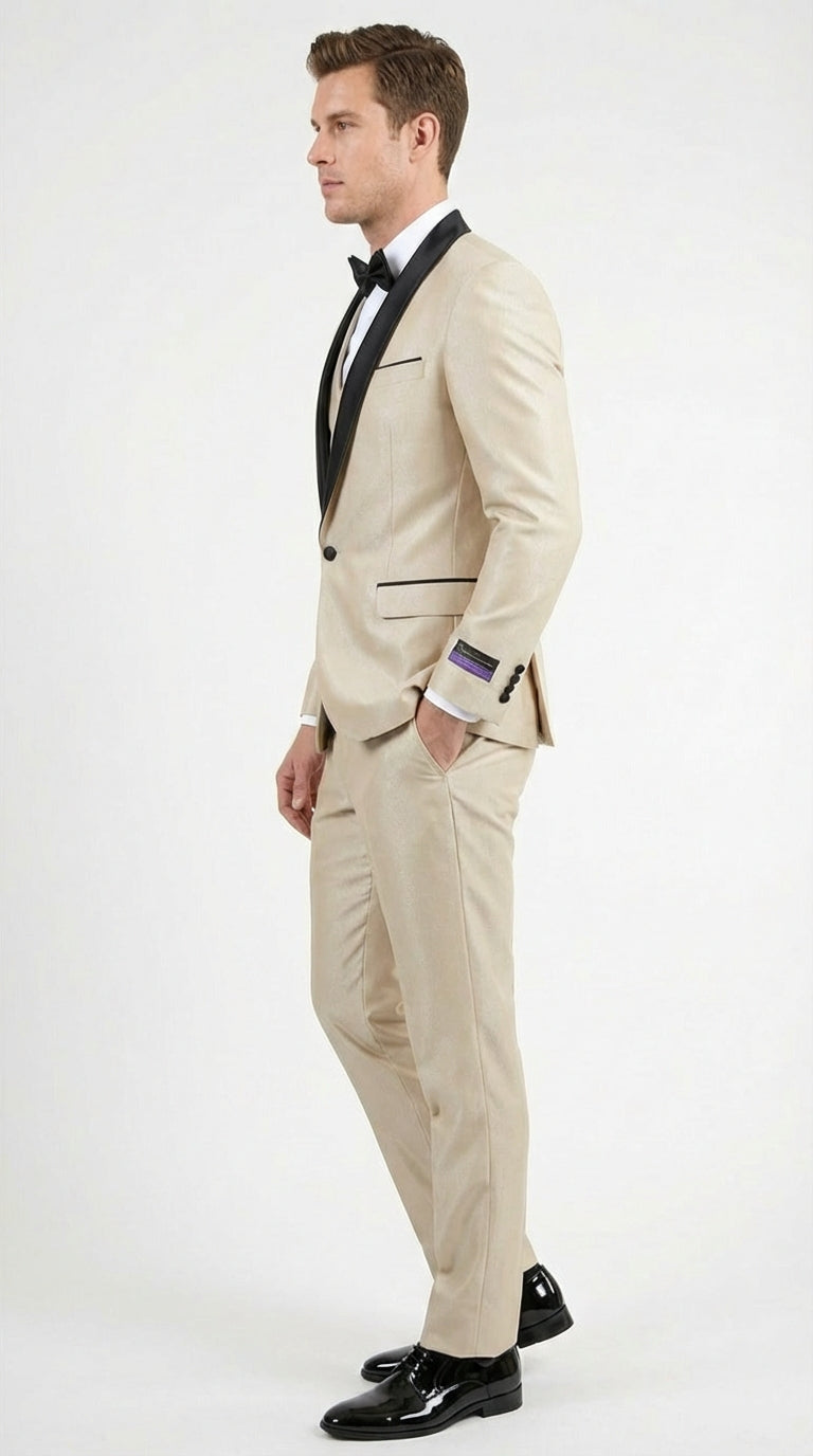 Men’s Champagne Beige Shiny Tuxedo 3 Piece Suit with Black Shawl Lapel | Formal Wedding Prom Suit Set in Sand Light Tan Color