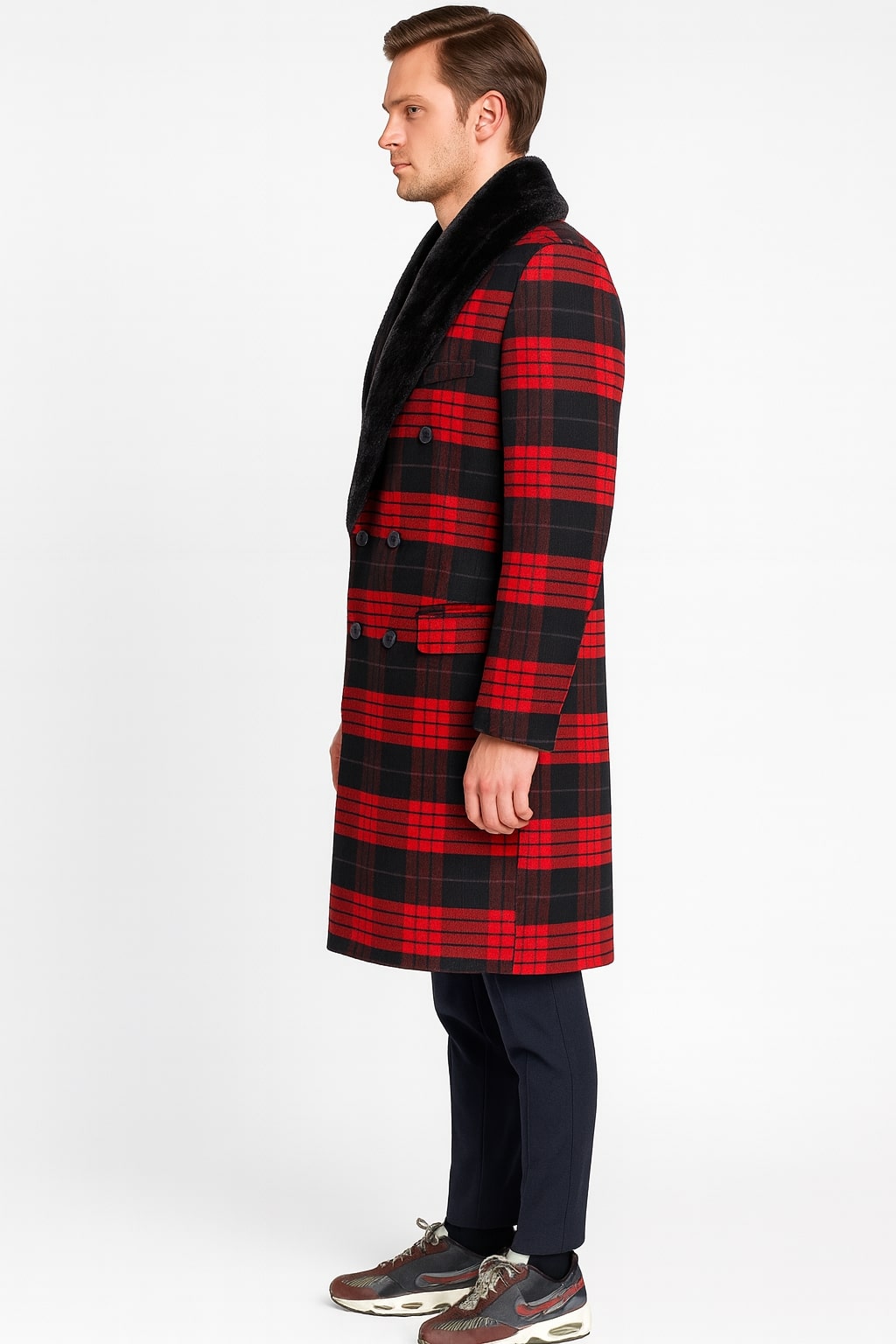 Tartan Christmas New Year Holiday Mens Red and Black Plaid Wool Overcoat with Black Faux Fur Shawl Collar – Double-Breasted Winter Coat - Tartan Design