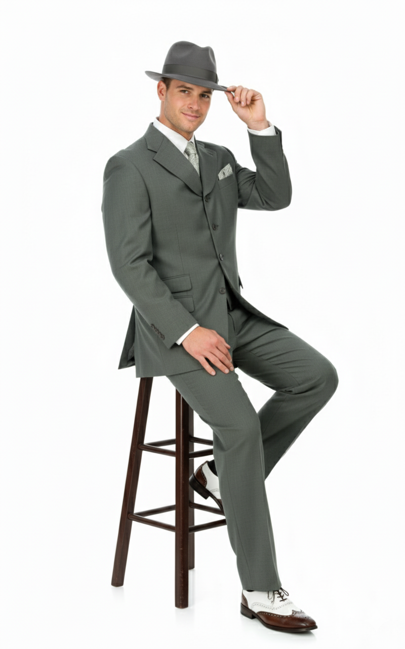 Men’s 1920s Gray Zoot Suit  – 4 Buttons  Gangster Wide Lapel Long Jacket 3-Piece Suit in Grey Color Classic Fit Pleated Pants