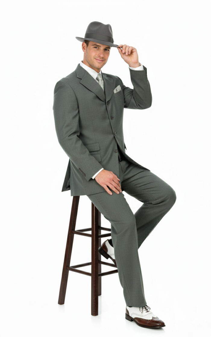 Men’s 1920s Gray Zoot Suit  – 4 Buttons  Gangster Wide Lapel Long Jacket 3-Piece Suit in Grey Color Classic Fit Pleated Pants
