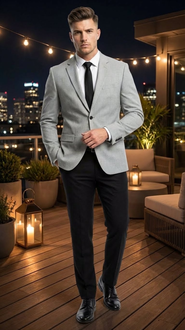Mens Light Grey Slim Fit Blazer Sport Coat with Black Pants | Premium Formal and Smart Casual Outfit Light Grey / 46 Short